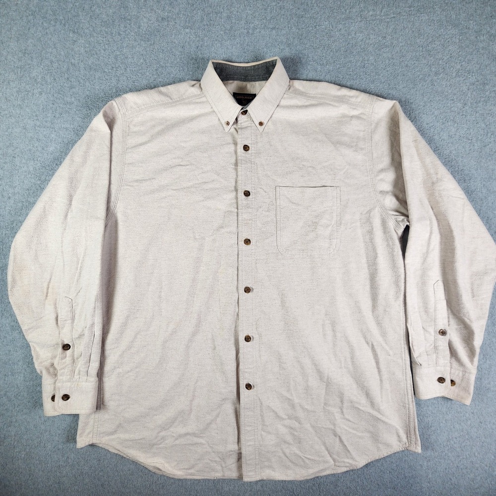 Woolrich Button Down Flannel Shirt Men XL Beige Brushed 100% Cotton Heavy Pocket